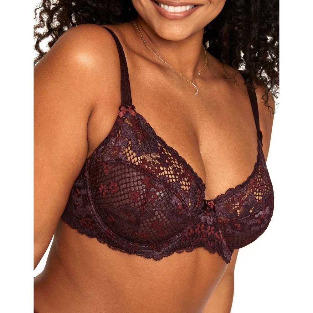 Adore Me NEW‎ Burgundy Floral Lace Unlined Underwire Bra 40DDD Lingerie Feminine